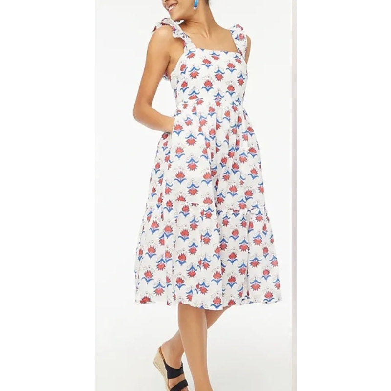 J. Crew Ruffle Strap Floral Print Square Neck Cotton Midi Dress White Red Blue 6