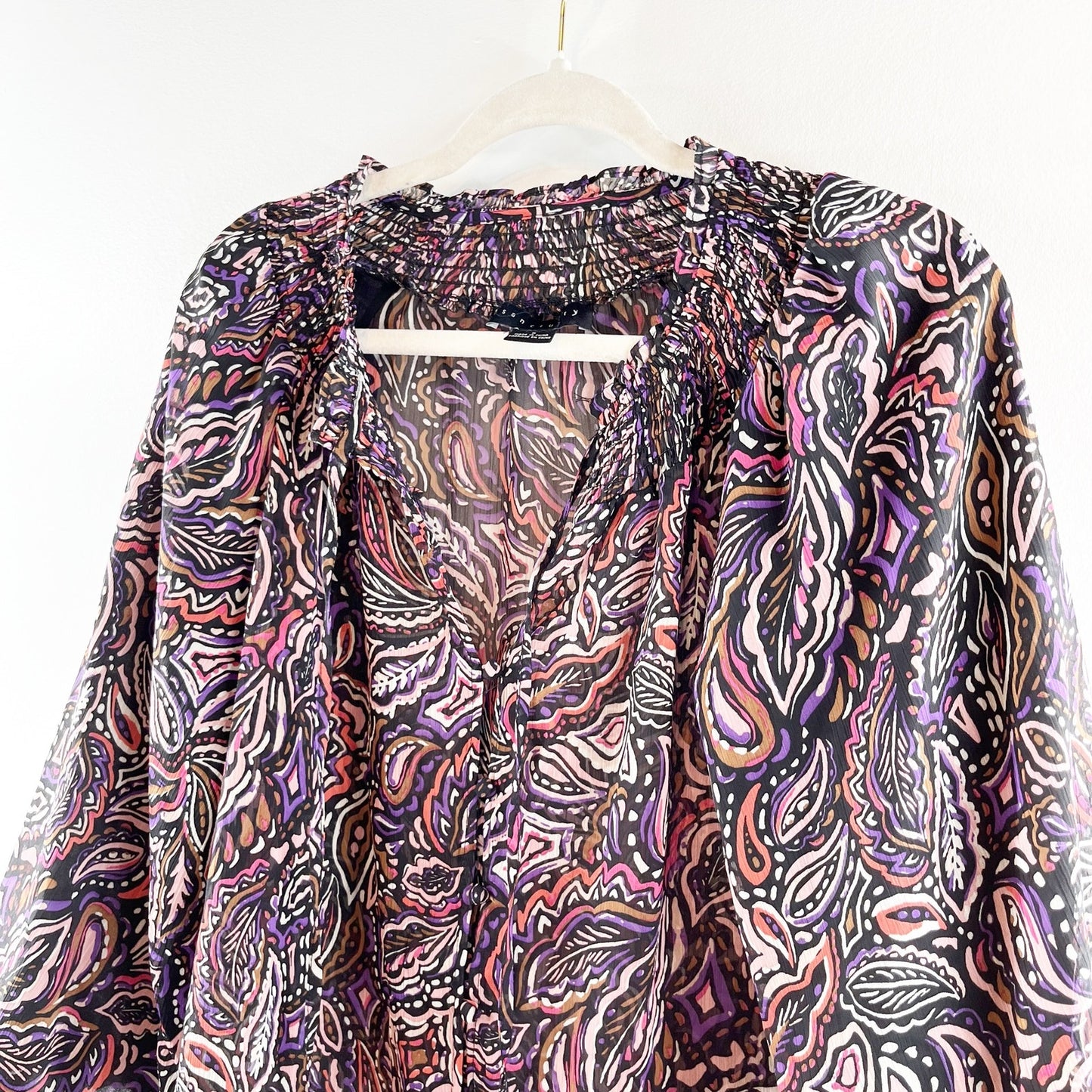 Sanctuary Paisley Print Balloon Sleeves Smocked Neck Blouse Purple Multi Small