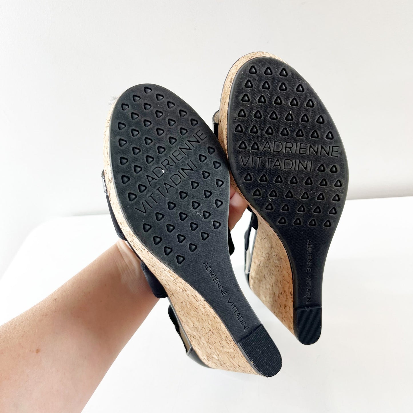 Adrienne Vittadini Chelle Patent Cork Wedge Heel Sandals Black 8