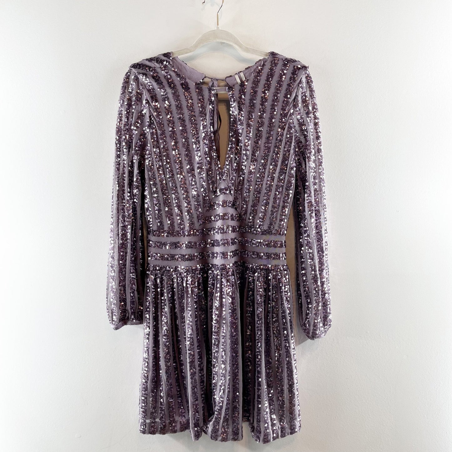 Anthropologie Open Back Long Sleeve Sequin Mini Dress Lilac Purple 4