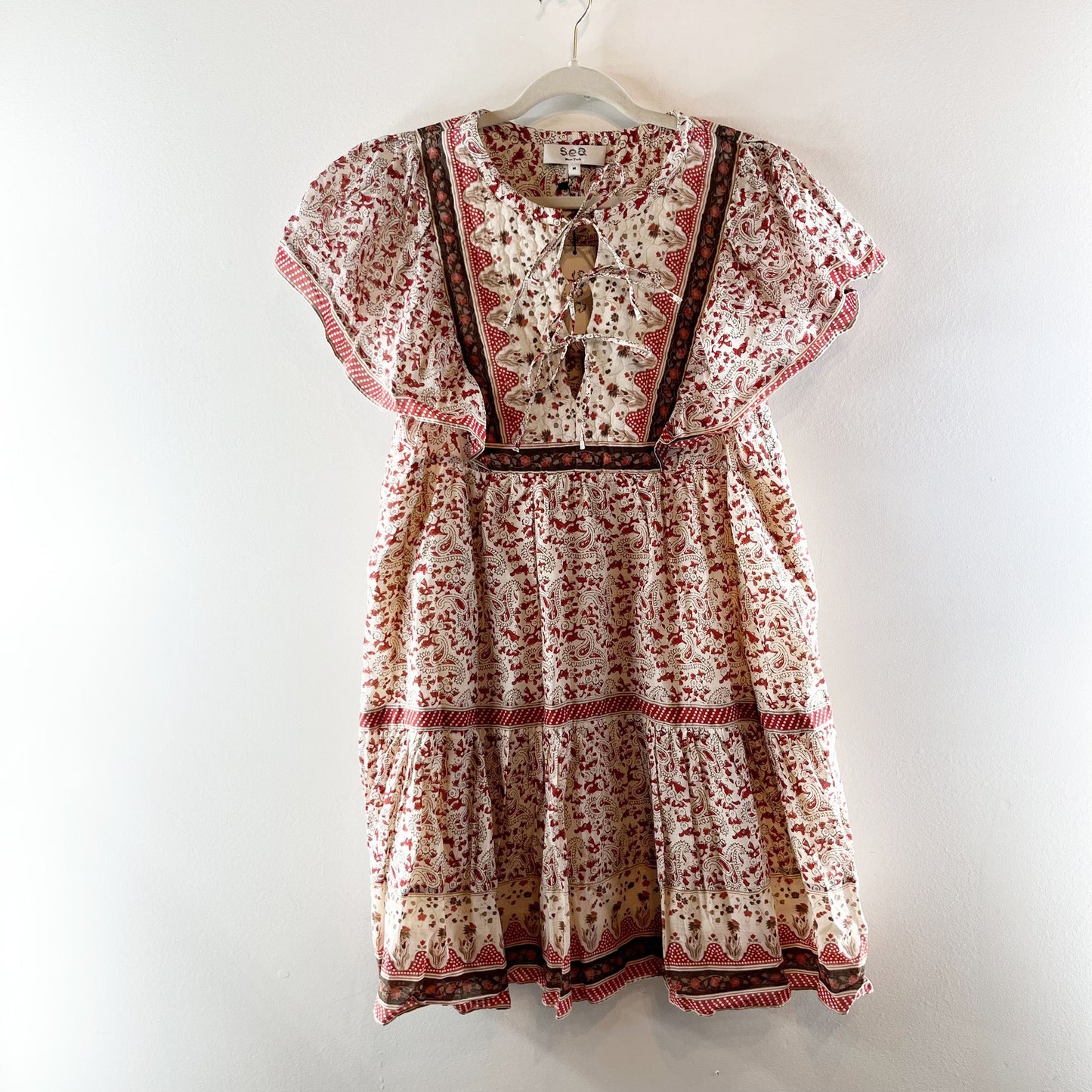 Sea New York Ivette Paisley Print Short Sleeve Tunic Mini Dress Red Medium