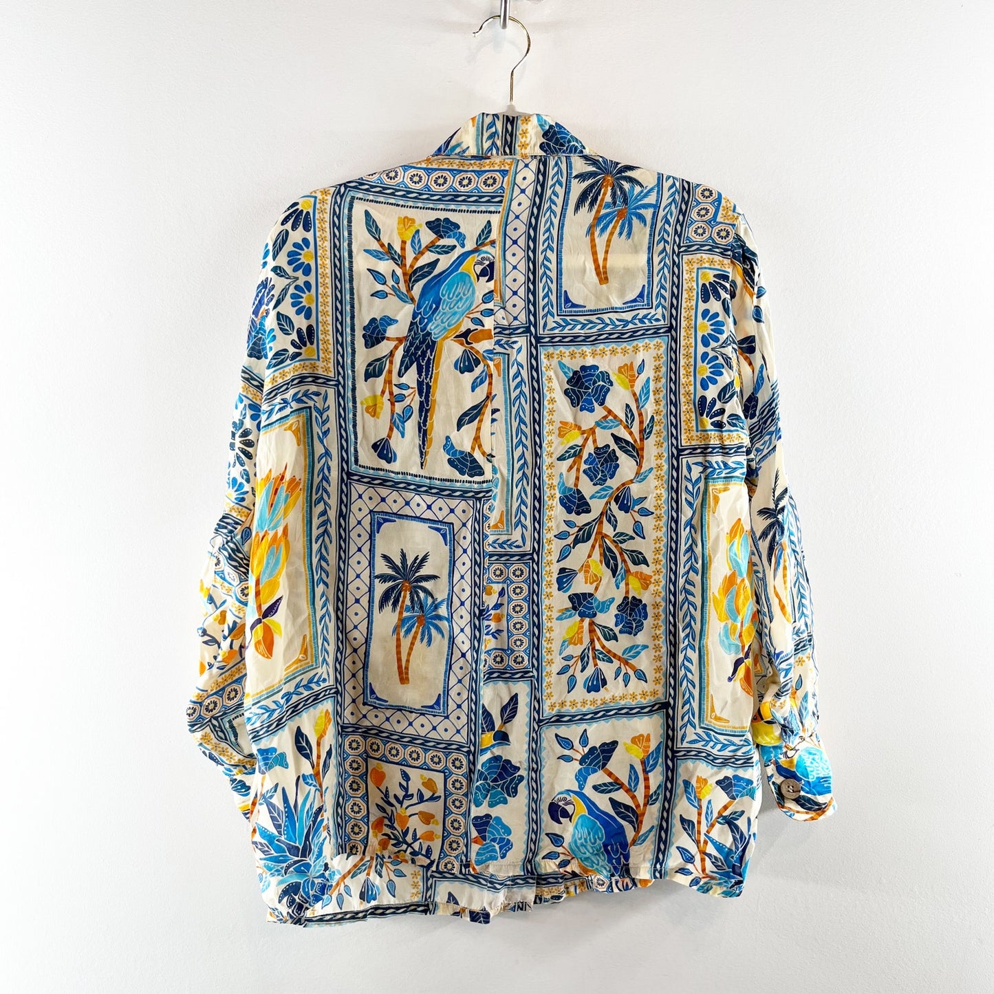 Farm Rio Long Sleeve Tropical Printed Button Down Shirt Blouse Blue Yellow XS