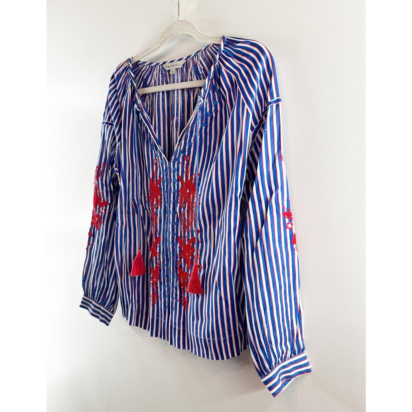 Anthropologie Ranna Gill Striped Long Sleeve Embroidered Peasant Blouse Blue S