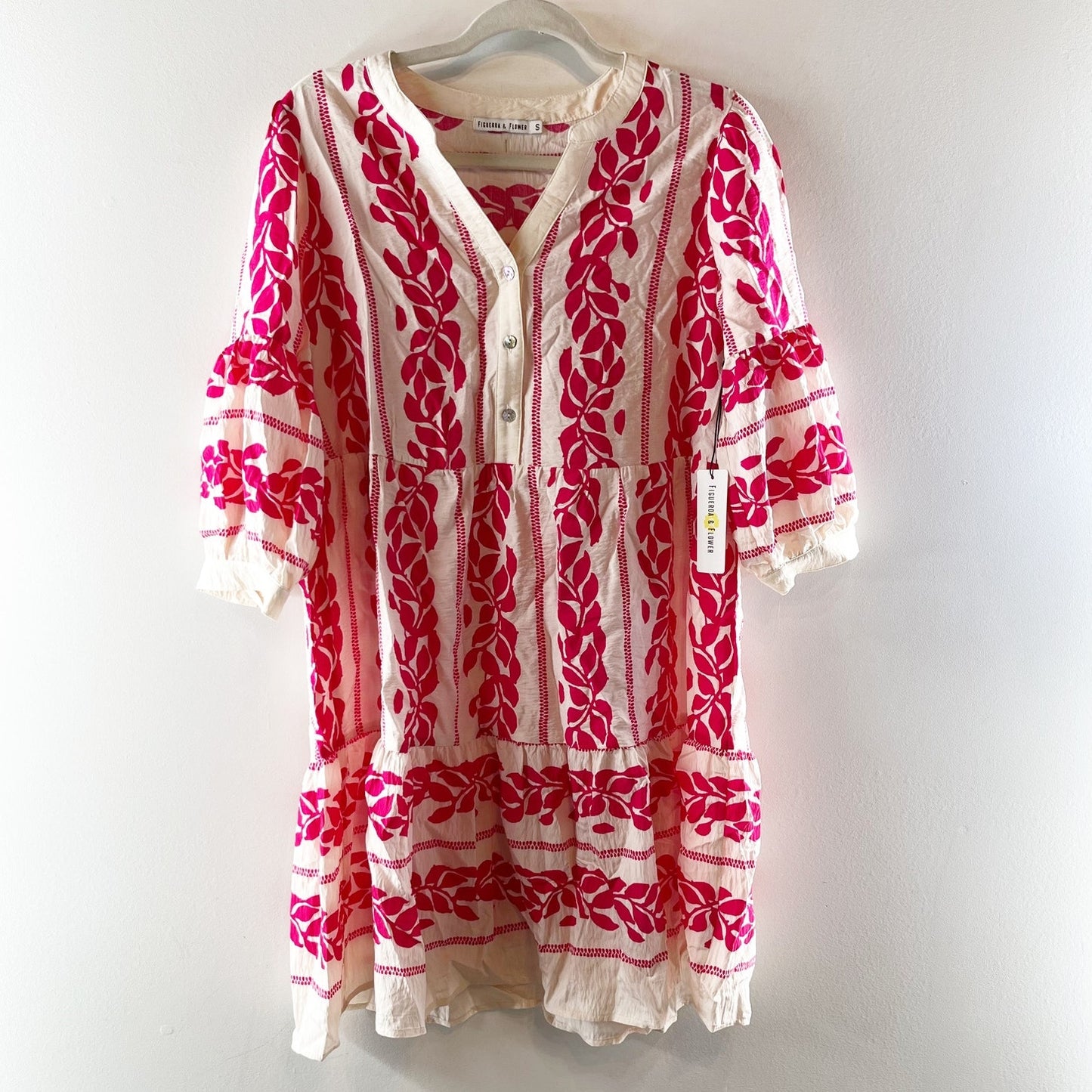 Figueroa & Flower Printed 3/4 Sleeve Tunic Mini Dress Red Cream Small