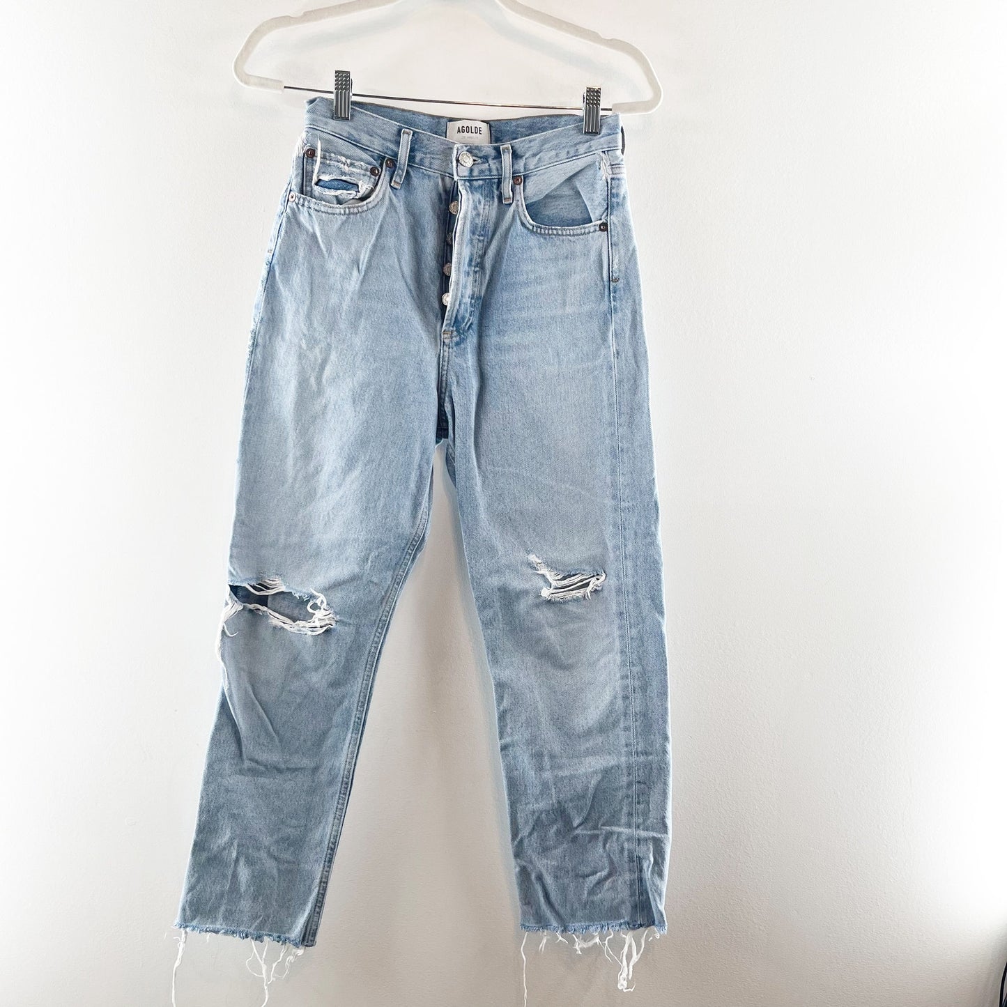 Agolde Captured 90's High Waisted Distressed Frayed Denim Straight Jeans Blue 23