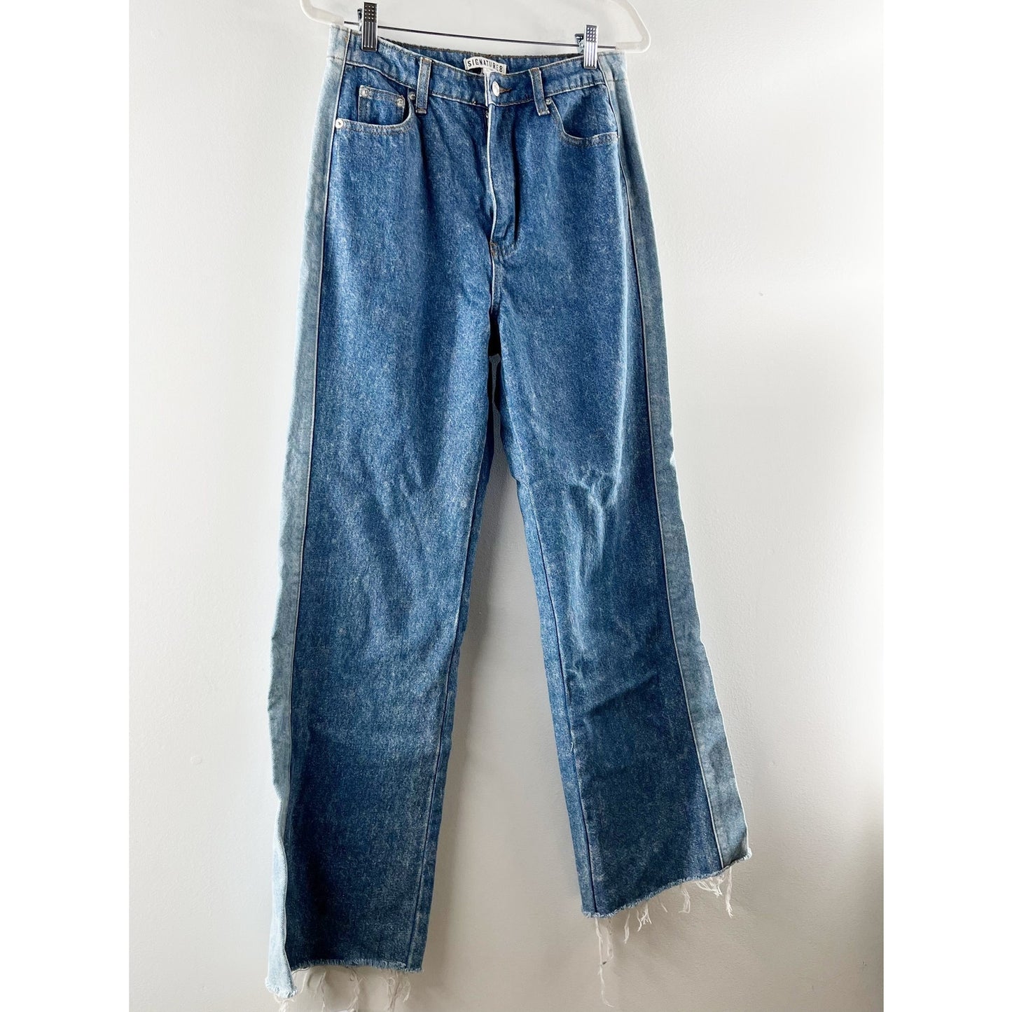 Signature 8 Two-Tone Cotton High Waisted Straight Leg Jeans Blue Large
