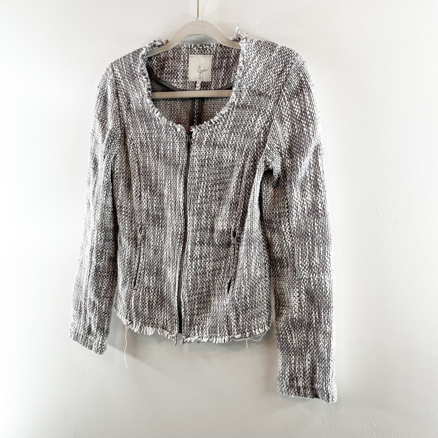 Joie Collins Long Sleeve Raw Cut Full Zip Tweed Blazer Jacket Gray/White Medium