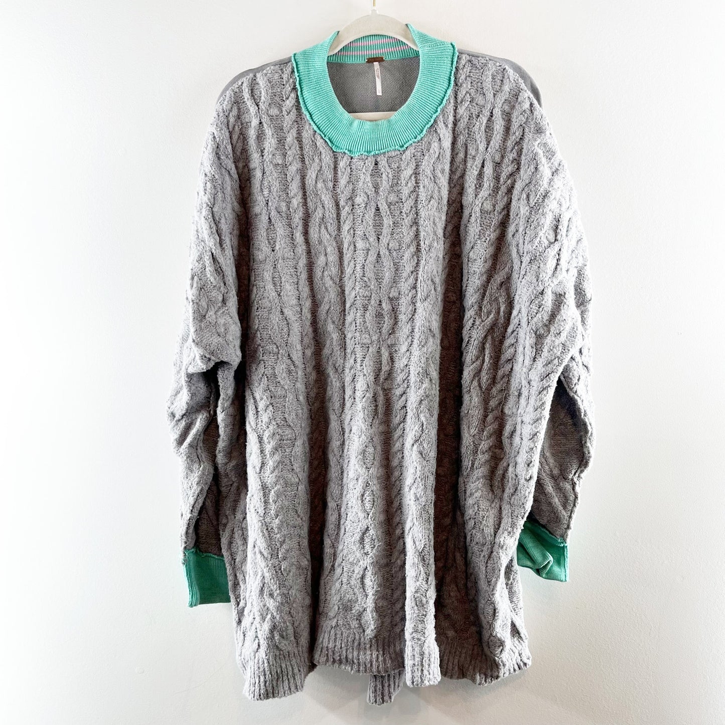 Free People Olympia Cable Knit Crewneck Long Sleeve Oversized Sweater Gray Large