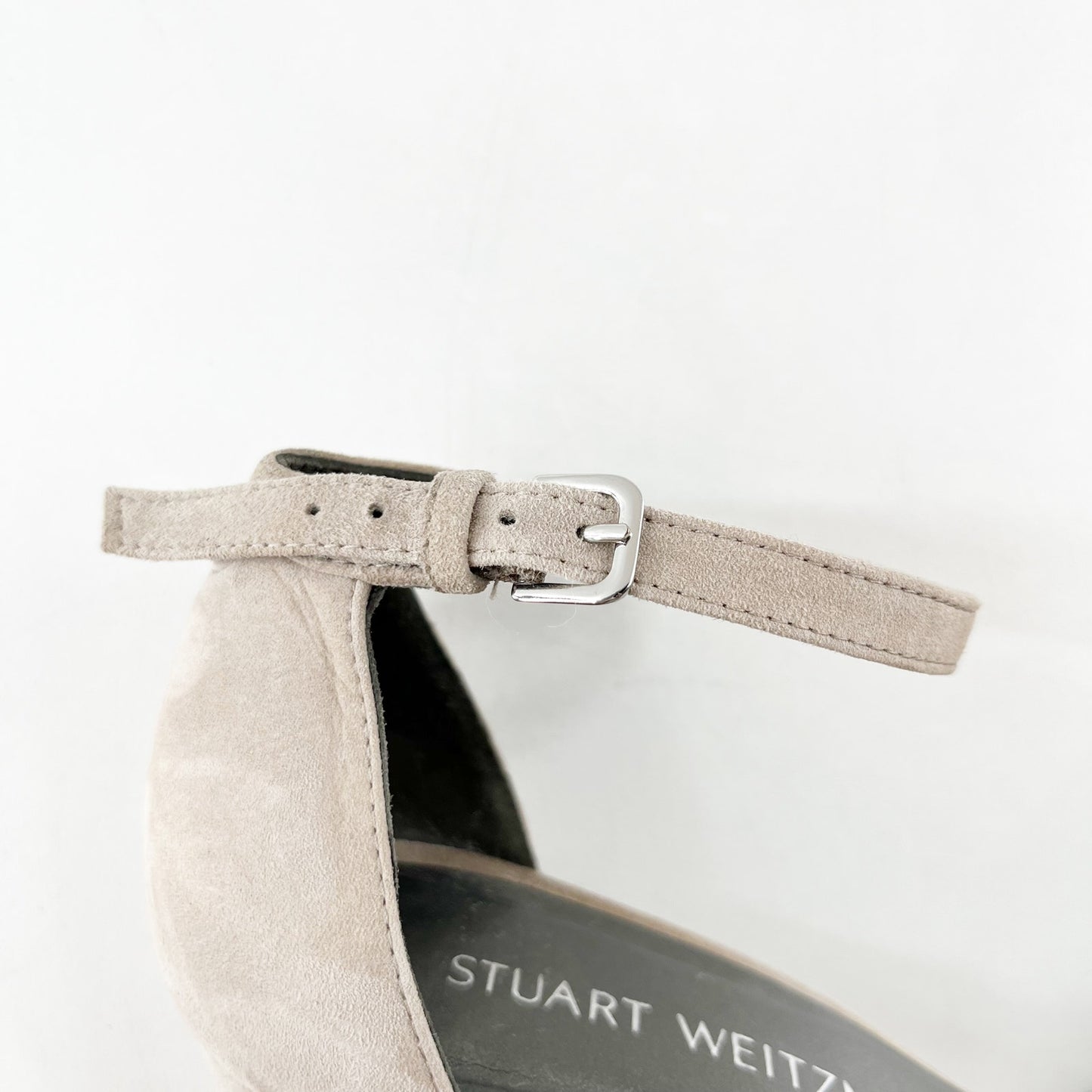 Stuart Weitzman Nearly Nude Block Heel Ankle Strap Sandal Suede Gray 7.5