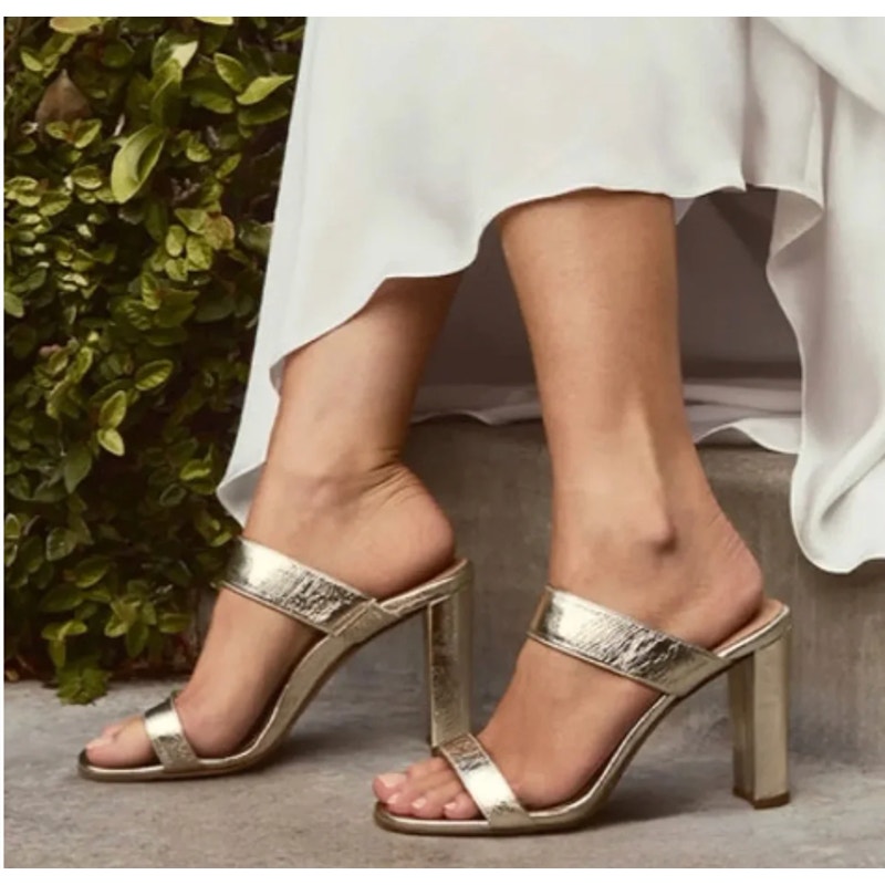 Inez Sara Metallic Leather Slip On Double-Strap Block Heel Sandals Gold 9