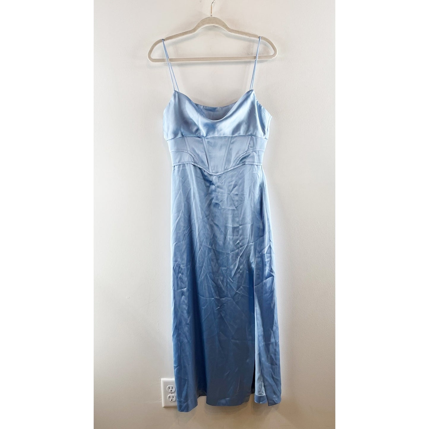 ZARA Satin Corset Style Top Sleeveless Maxi Slip Dress with Slit Sky Blue Medium