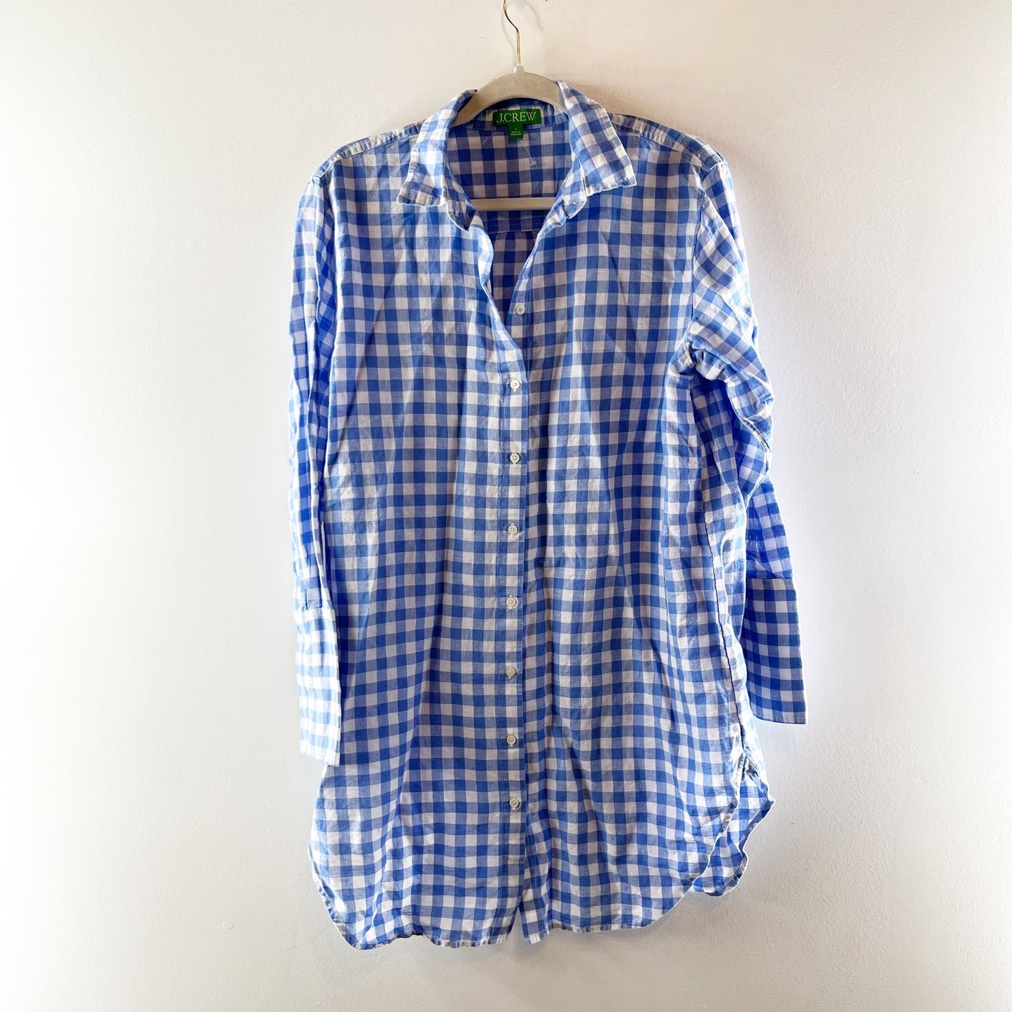 J. Crew Long Sleeve Linen Cotton Mini Gingham Shirt Dress Blue White Small