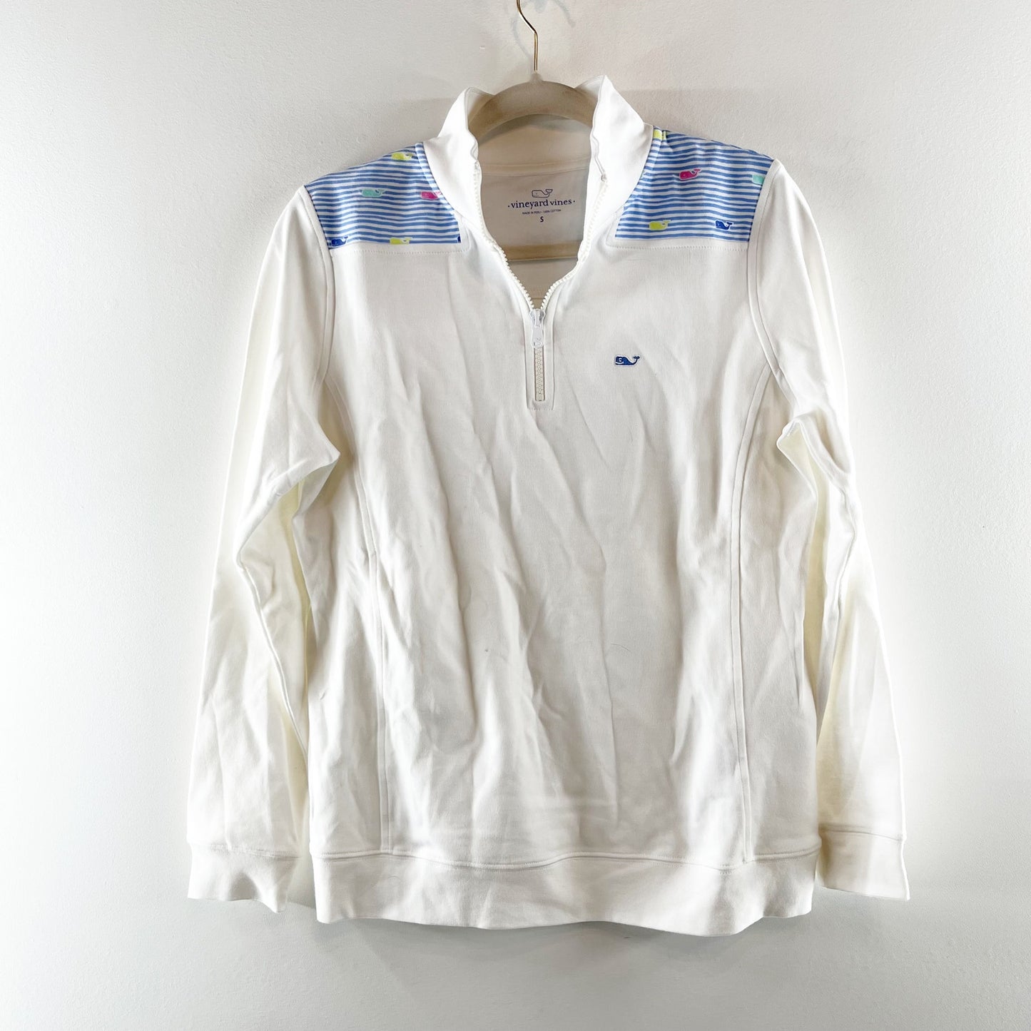 Vineyard Vines 1/4 Zip Shep Pullover Sweatshirt White Blue Small