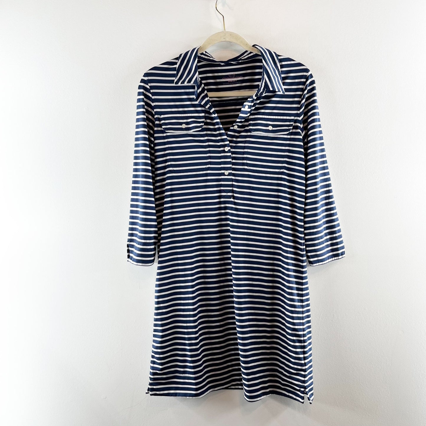 Vineyard Vines Sankaty Margo Stripe 3/4 Sleeve Polo Shirt Dress Navy White Small