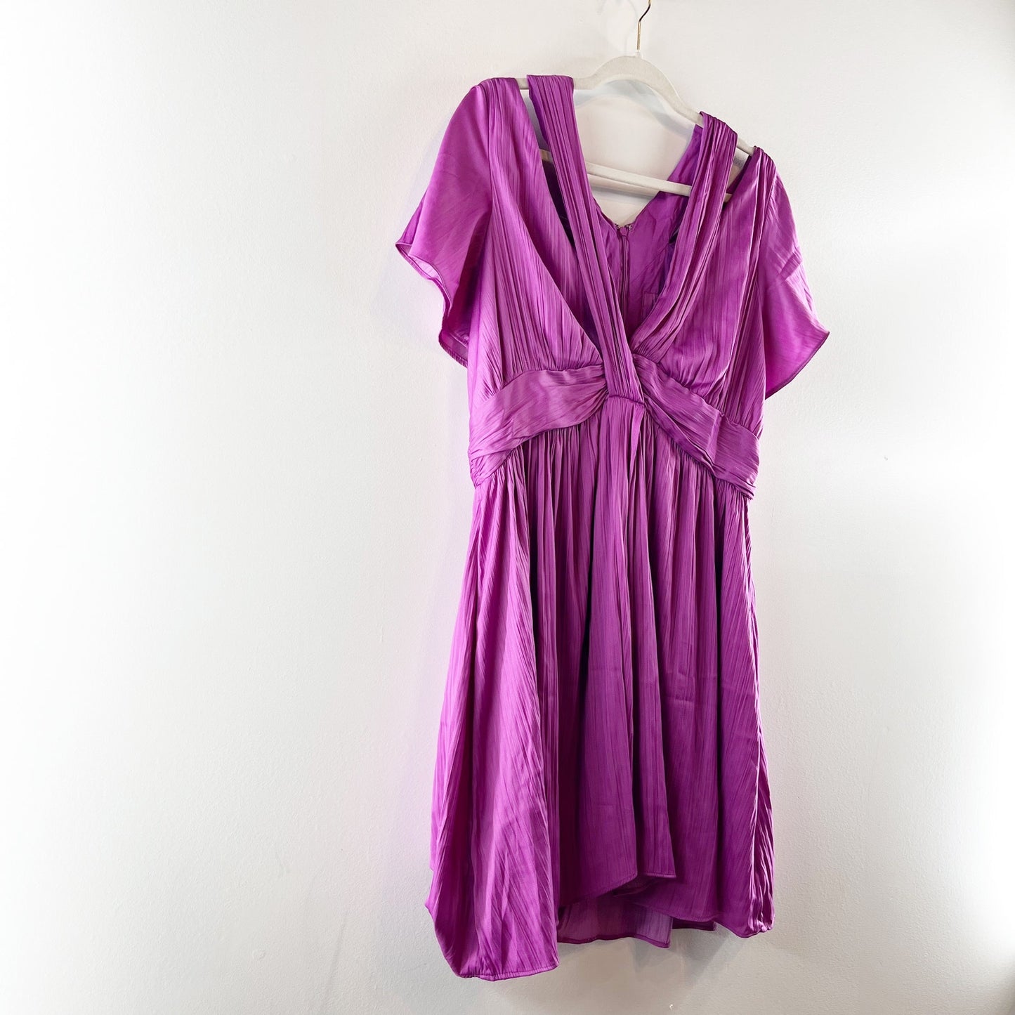 Anthropologie Short Sleeve Pleated Deep V-Neck Vibrant Mini Dress Purple 12