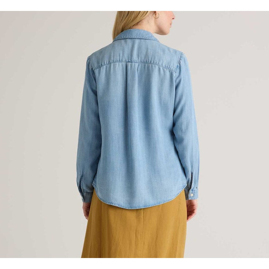 Quince Chambray Tencel Shirred Ruched Long Sleeve Button Down Shirt Blue Small