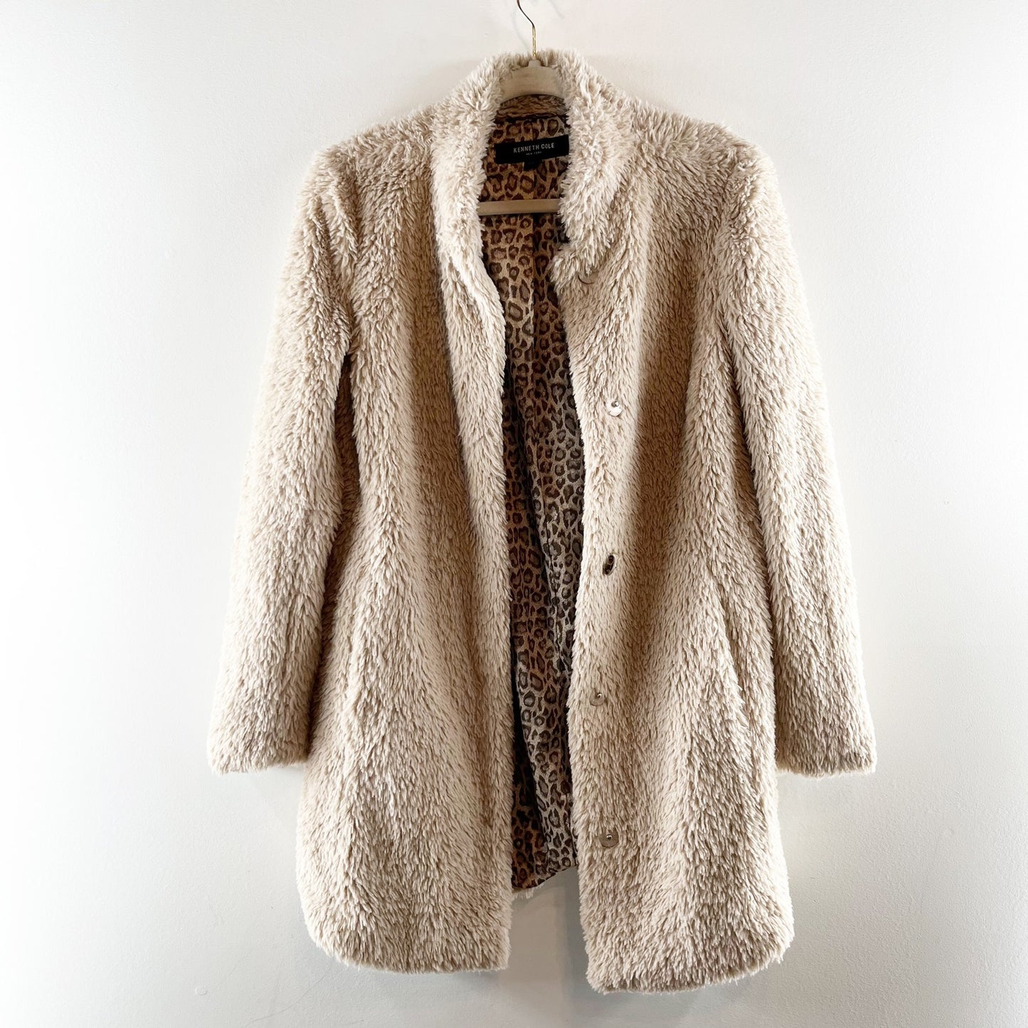 Kenneth Cole New York Long Sleeve Teddy Faux-Fur Coat Beige Small