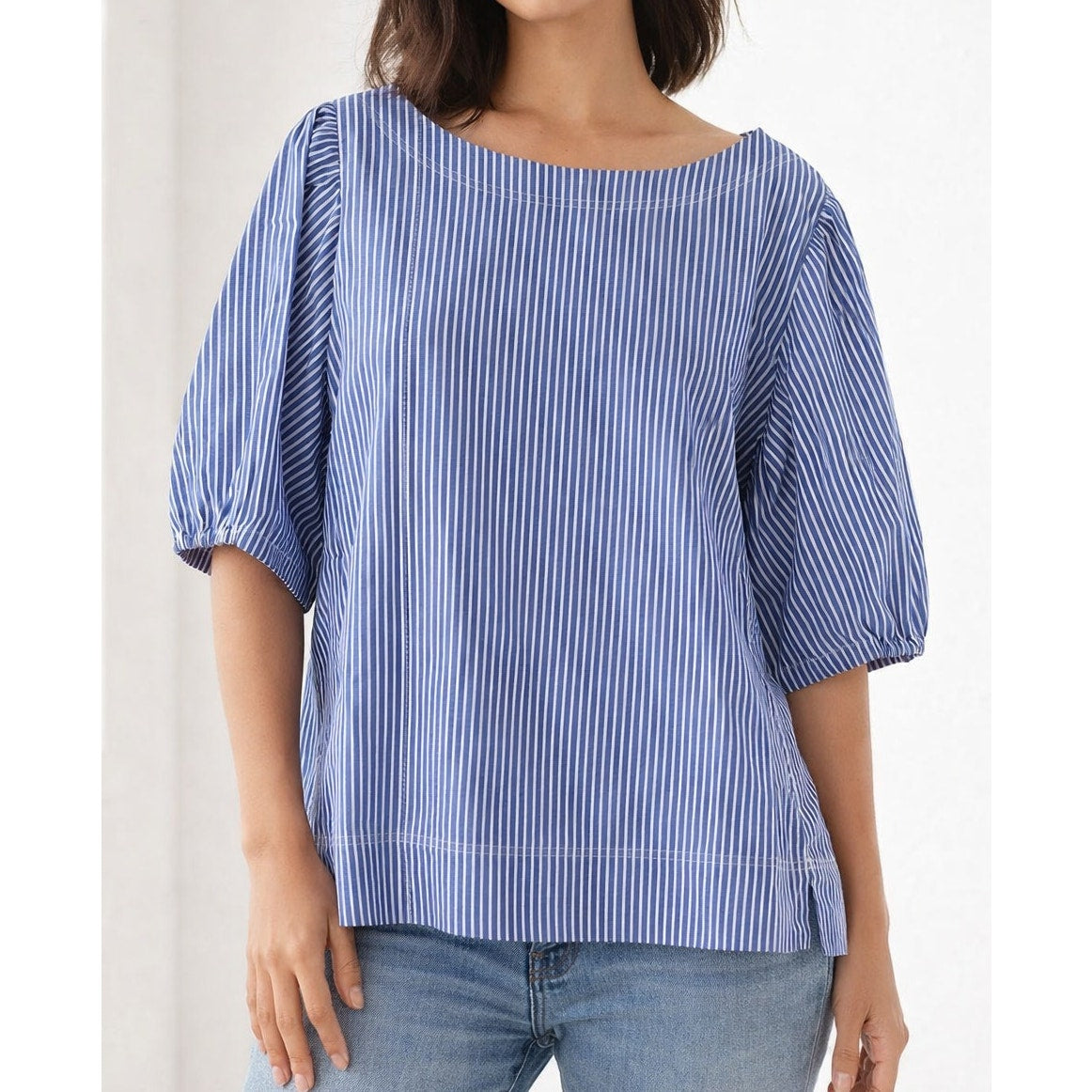 J. Crew Striped Puff Sleeve Boat Neck Blouse Top Blue White Plus 2X