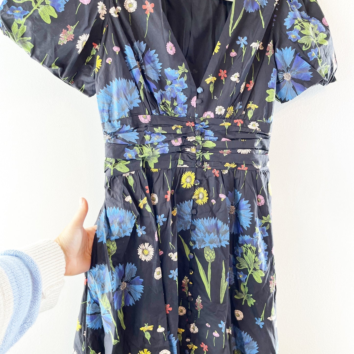 Anthropologie The Katerina Button Front Floral Short Sleeve Midi Dress Blue S