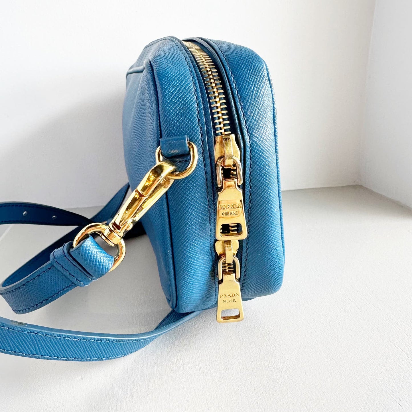 Prada Saffiano Pebbled Leather Small Camera Bag Crossbody Purse Blue