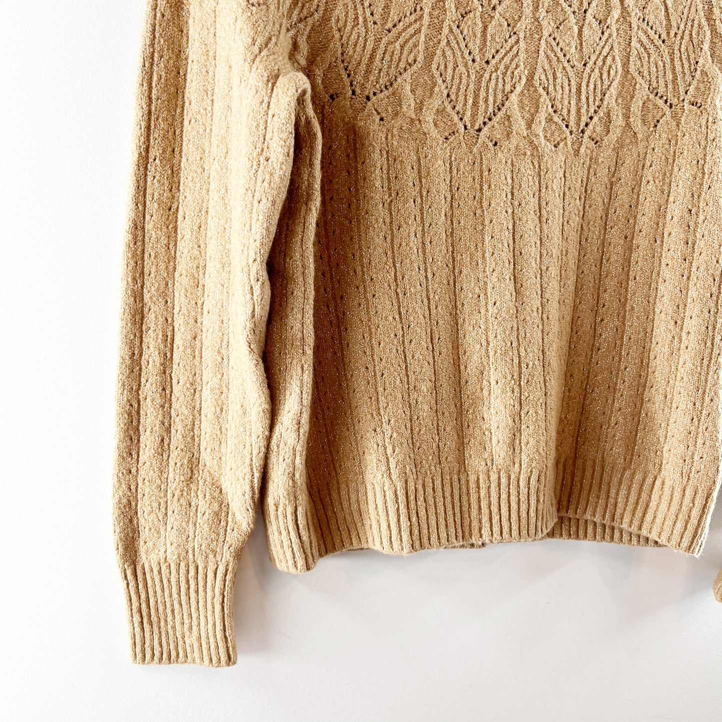 Talbots Long Sleeve Metallic Pointelle Sweater Tan Beige Small