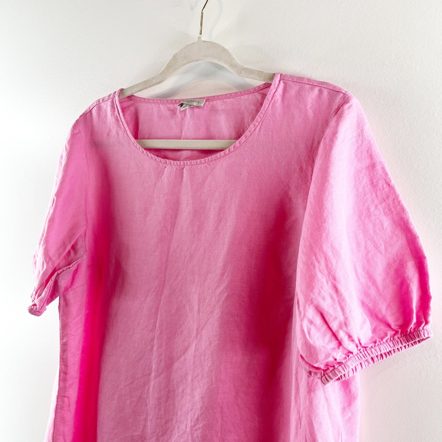 Talbots Linen Blend Short Puff Sleeve Side Slit Tee Shirt Blouse Top Pink Medium