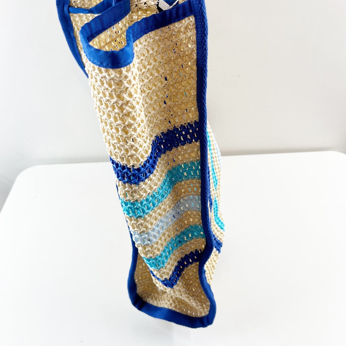 Styline Crochet Striped Beach Tote Bag Tan Blue