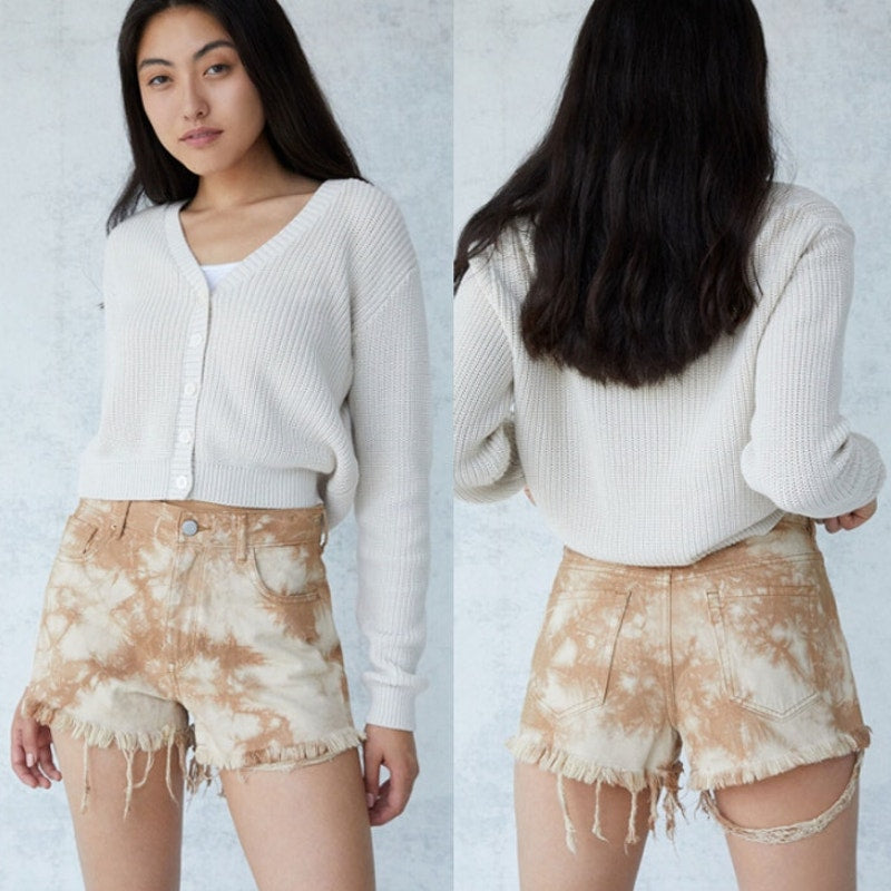 PacSun Sand Tie Dye High Waisted Frayed Denim Festival Shorts Beige Tan 6