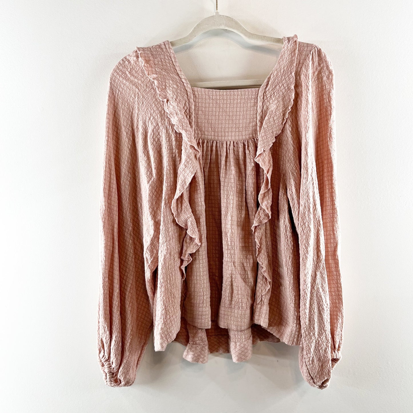 Free People Bonnie Ruffle Long Sleeve Square Neck Blouse Top Pink XS