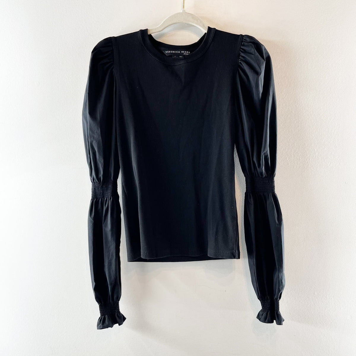 Veronica Beard Fawn V Neck Long Sleeve Puff Sleeve Top Black XS
