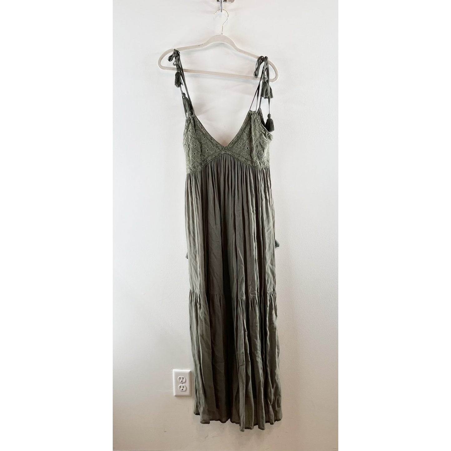 Lovestitch Beach Bliss Lace Trim Boho Cover Up Maxi Sundress Moss Green Medium