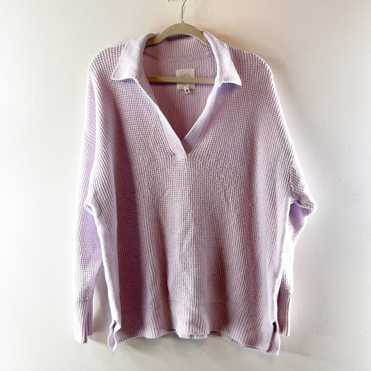 Aerie CozyUp Waffle Long Sleeve Pullover Polo Sweater Light Lavender Medium