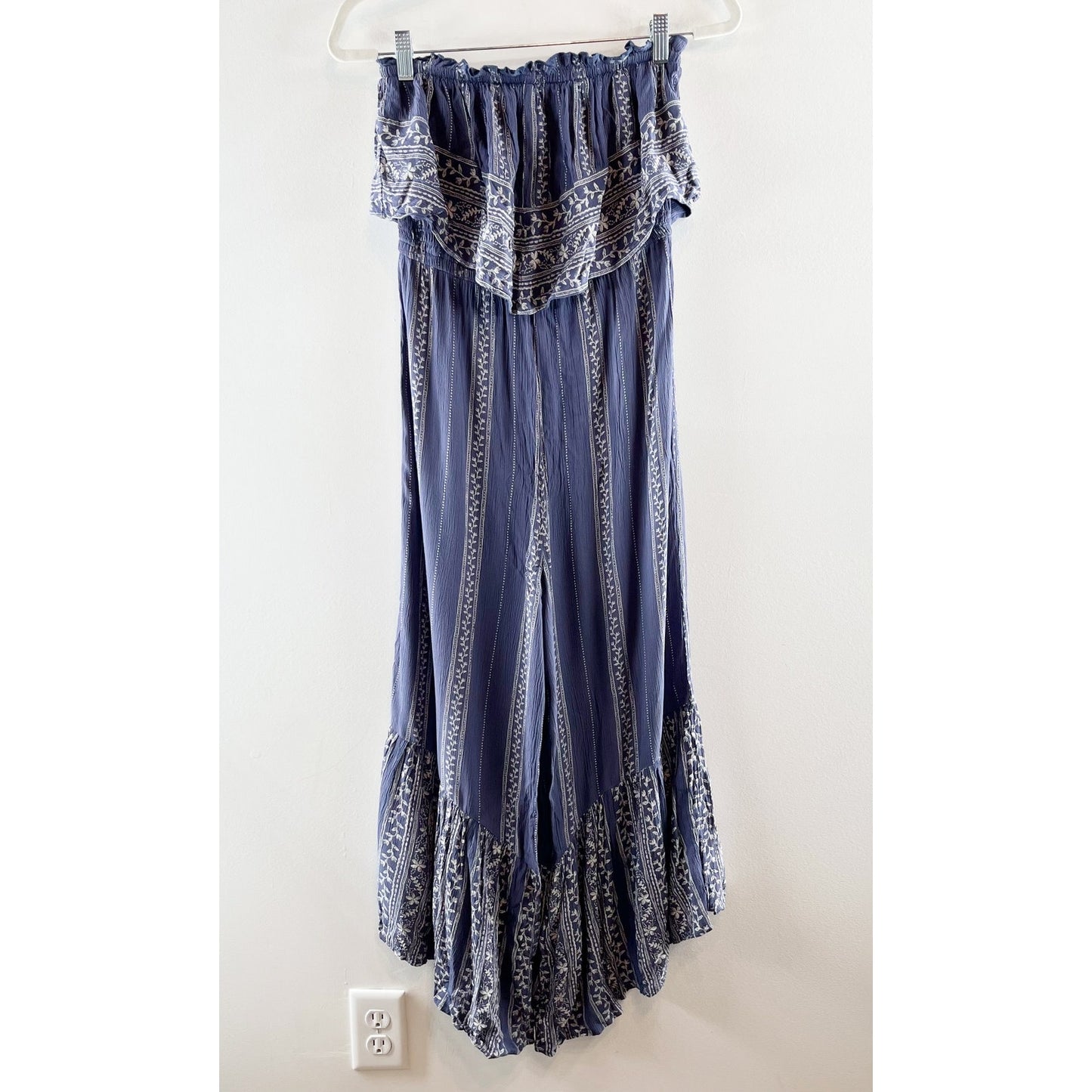American Eagle Outfitters Strapless Ruffle Trim Wide Leg Jumpsuit Blue Medium