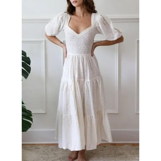 Mille Maja Short Puff Sleeve Eyelet Lace Maxi Dress in Pearl White Small