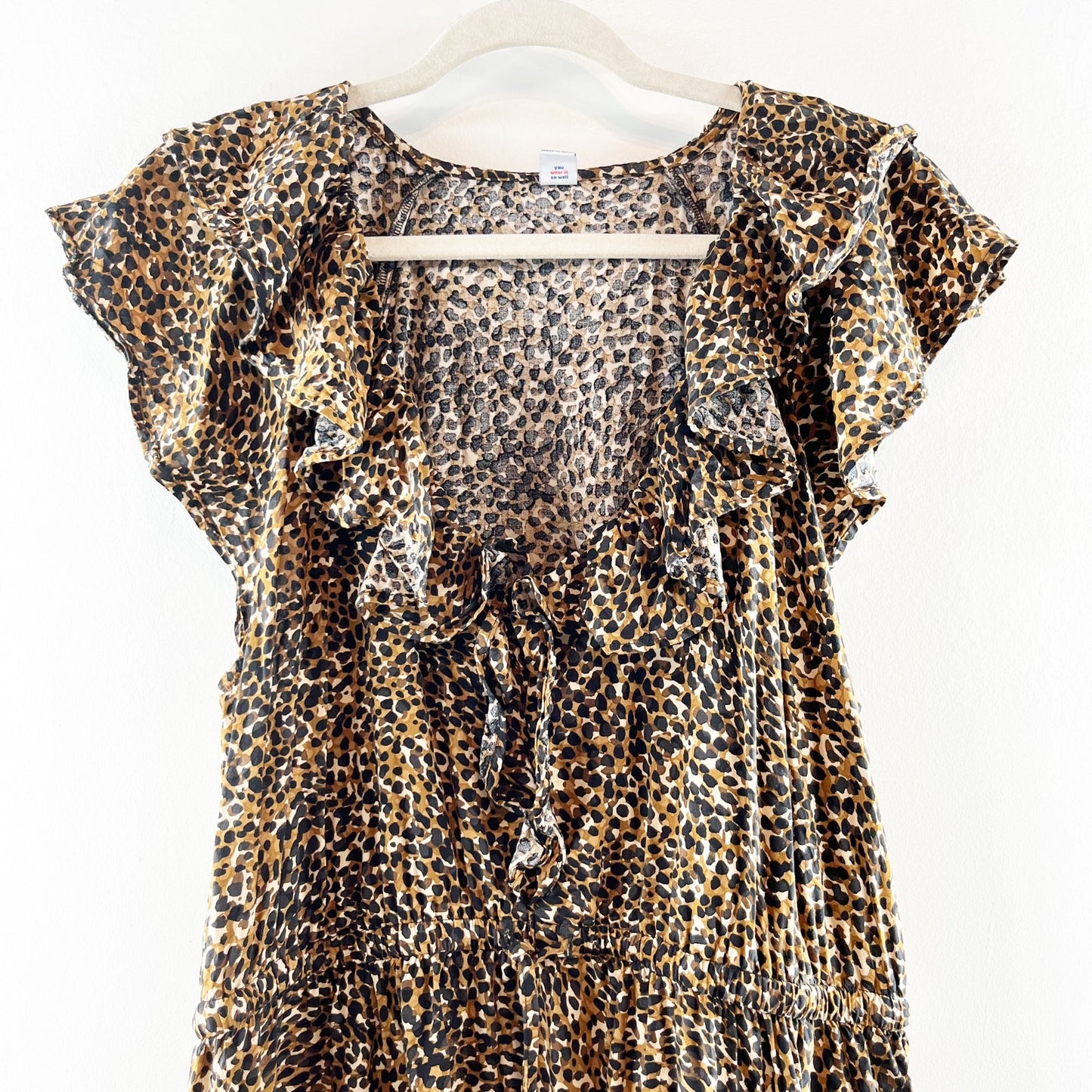 Old Navy Waist Defined Ruffle Trim Mini Dress Leopard Wild Spots Brown XL