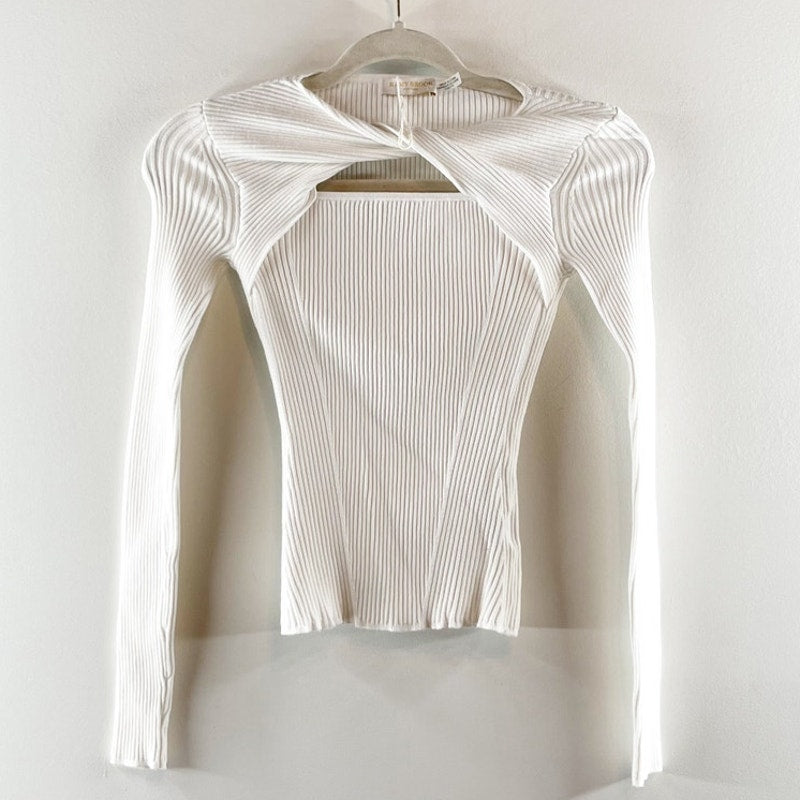 Ramy Brook Twist Detail Cut Out Long Sleeve Fitted Knit Sweater White XXS