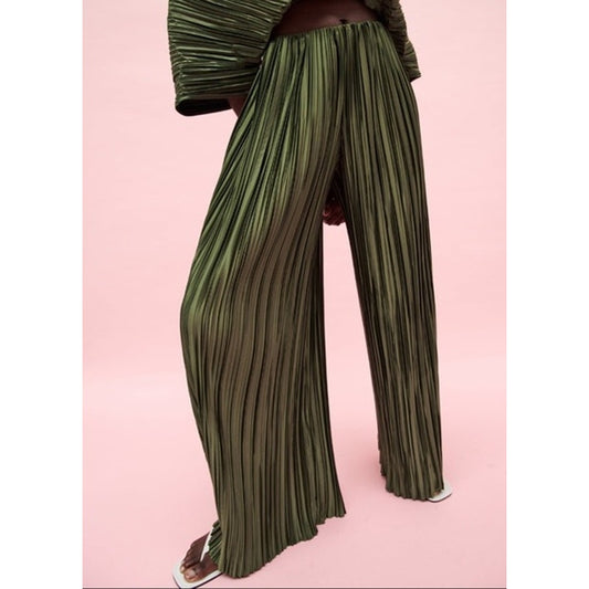 ZARA Wide Leg Pleated Plisse Pull On Pants Green Large