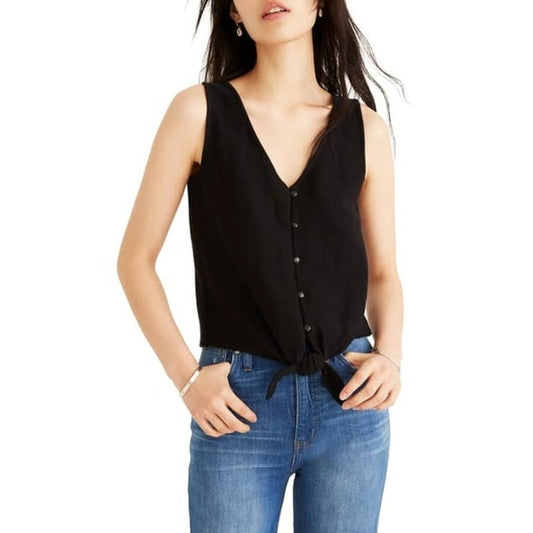 Madewell Texture & Thread Button Front Tie Tank Top in True Black XL