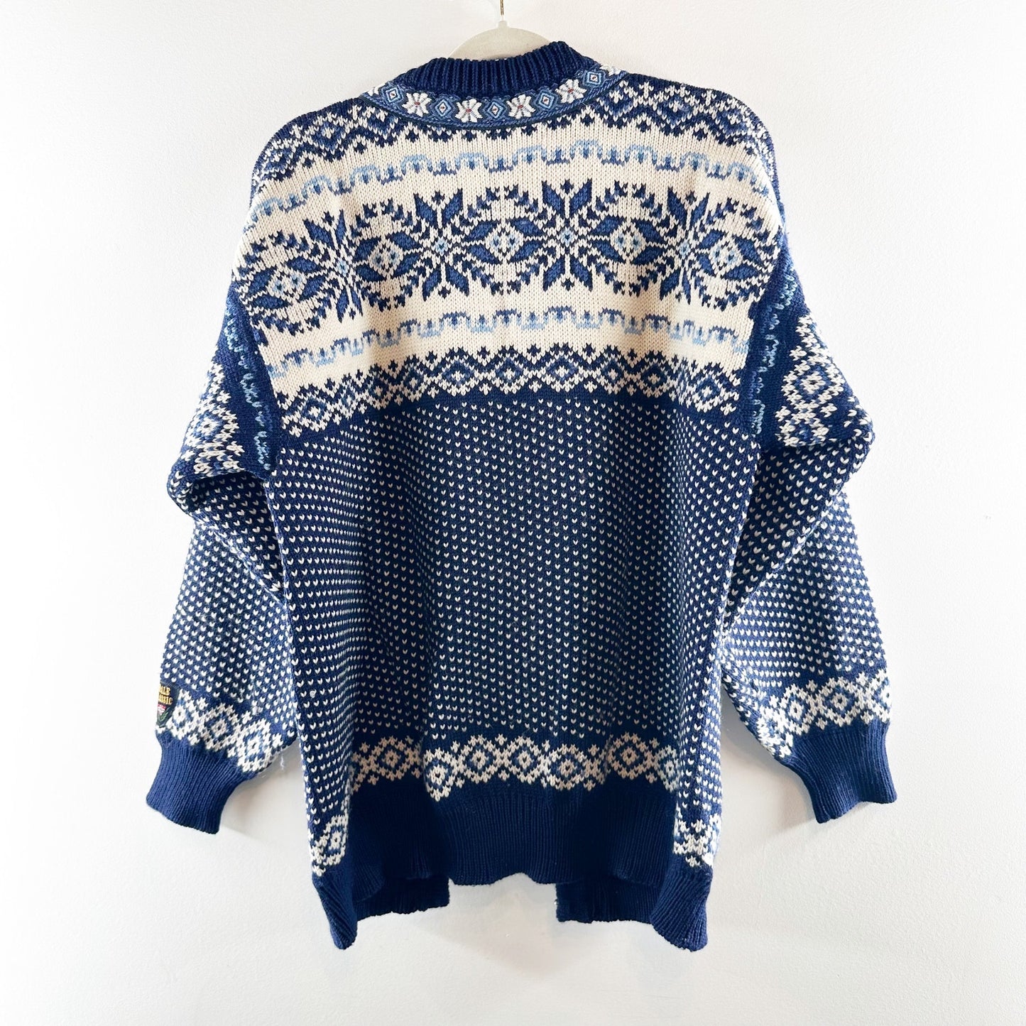 Dale of Norway Wool Fair Isle Long Cardigan Sweater Blue White Large