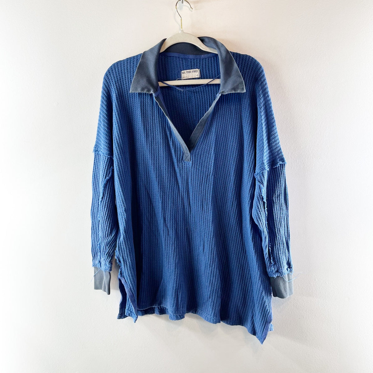 Free People Travis Dropped Shoulder Collared V-Neck Polo Top Dutch Blue Medium