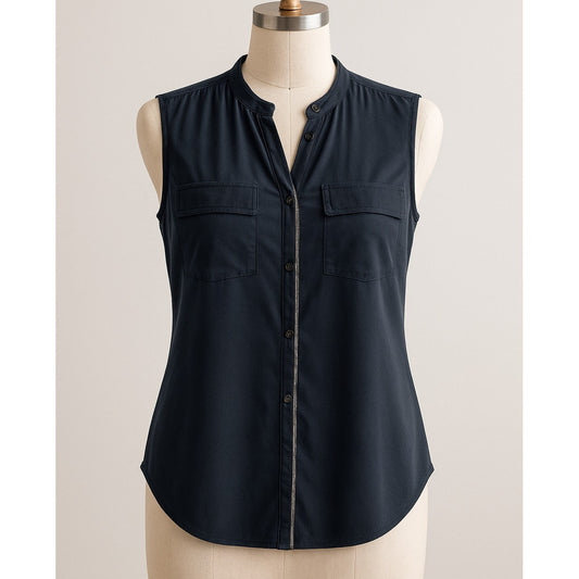St. John Rhinestone Trim Sleeveless Silk Button Down Shell Tank Top Black Small