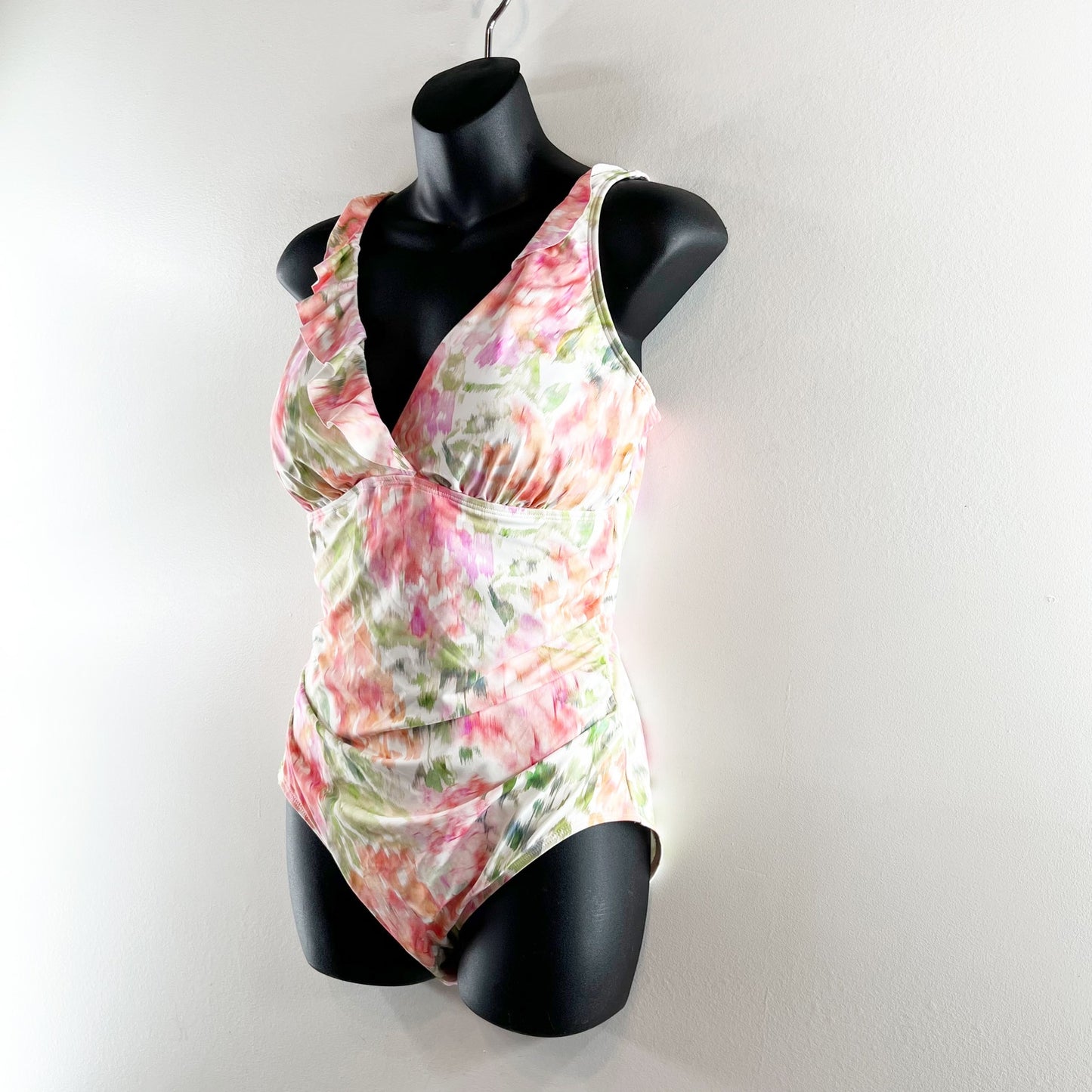 Ralph Lauren Ruffle Trim Floral One Piece Swimsuit Pink Green 14