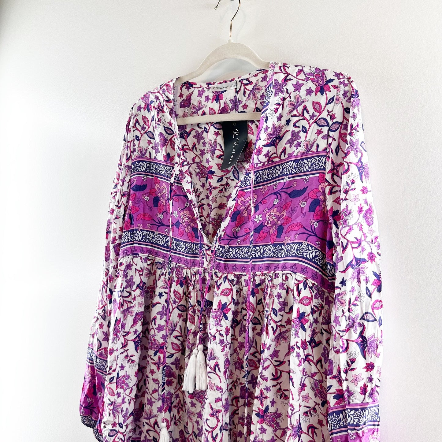 R. Vivimos Cotton Floral Print Long Sleeve Tassel Tie Mini Dress Purple Large