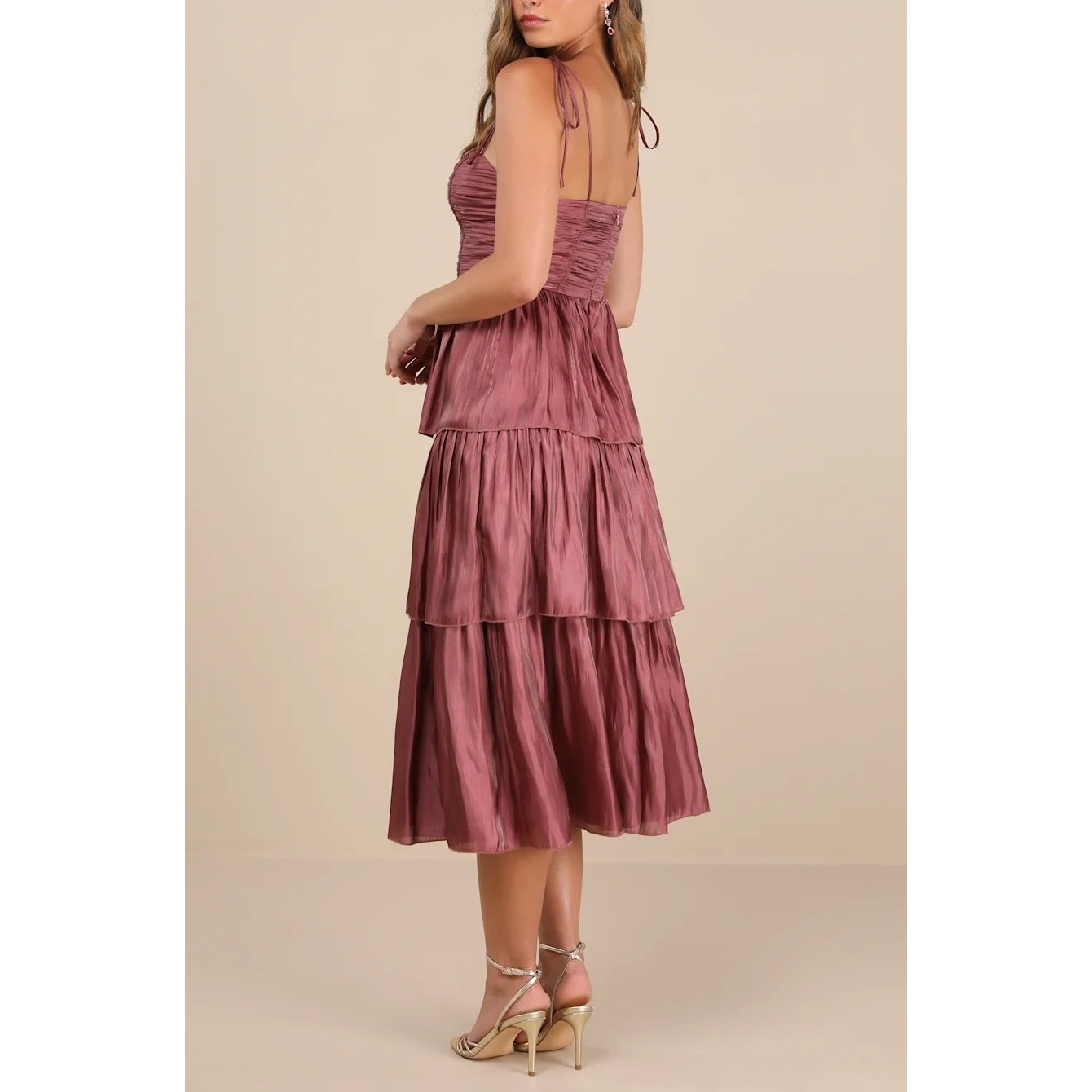 Lulus Tennon Dusty Rose Plisse Tiered Midi Dress Pink Mauve Large