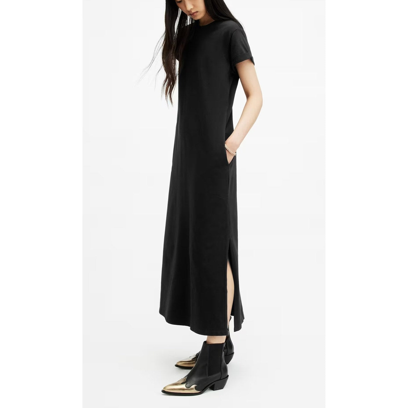 Allsaints Anna Crew Neck Short Sleeve Cotton Maxi T-Shirt Dress Black 8
