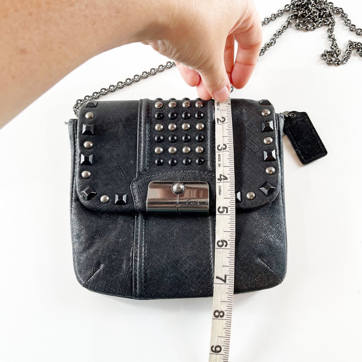 Coach Kristin Studded Chain Strap Leather Crossbody Purse Bag Black Silver