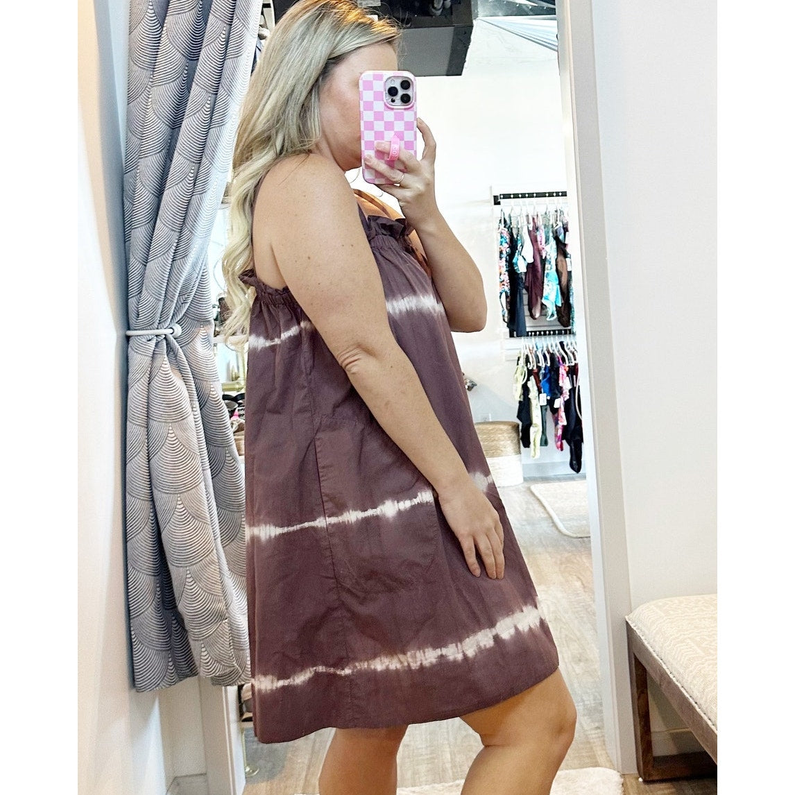 Othilia Square Neck Babydoll Tunic Tie Dye Stripe Boho Mini Dress Brown 2