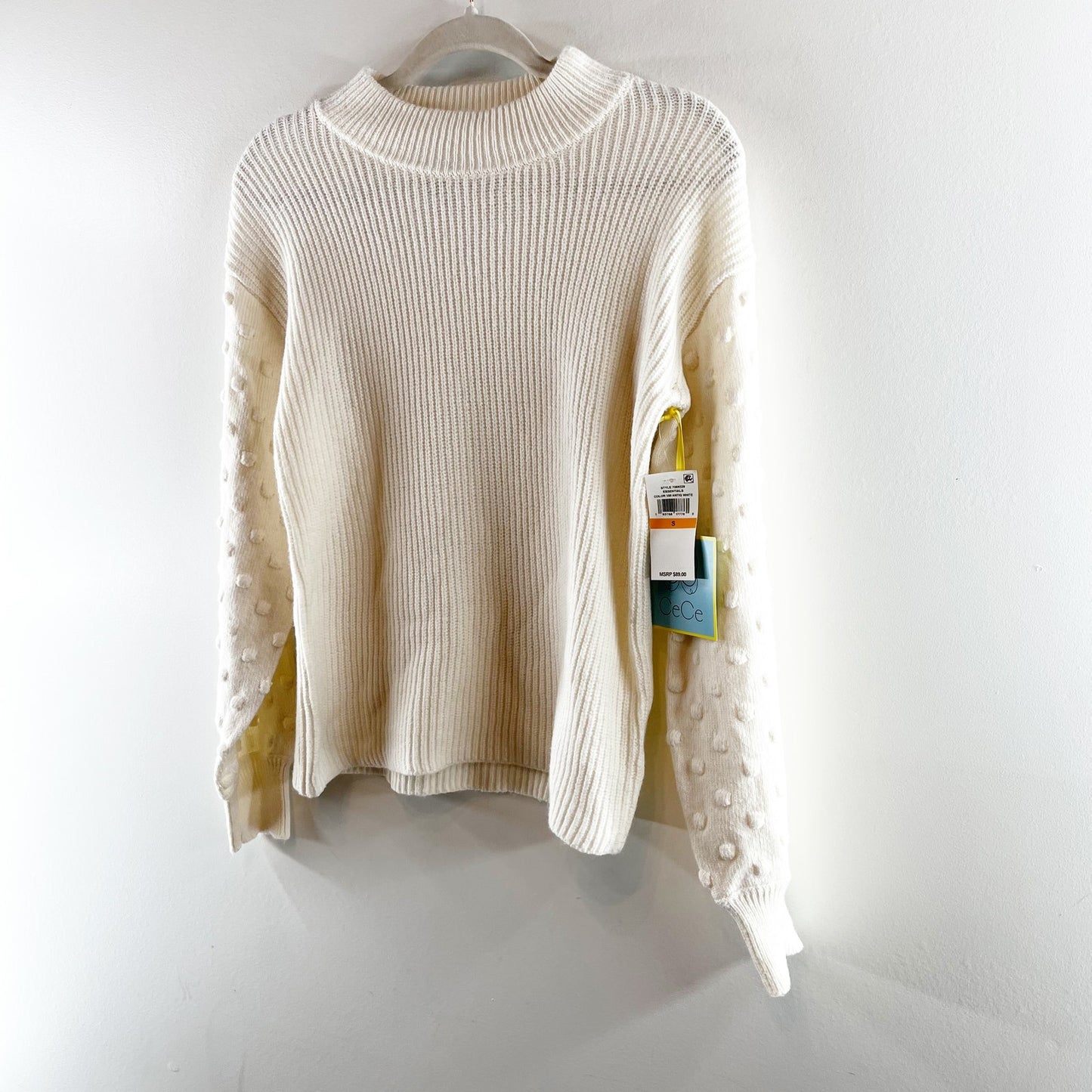 CeCe Puff Sleeve Bubble Ribbed Sweater in Antique White Small