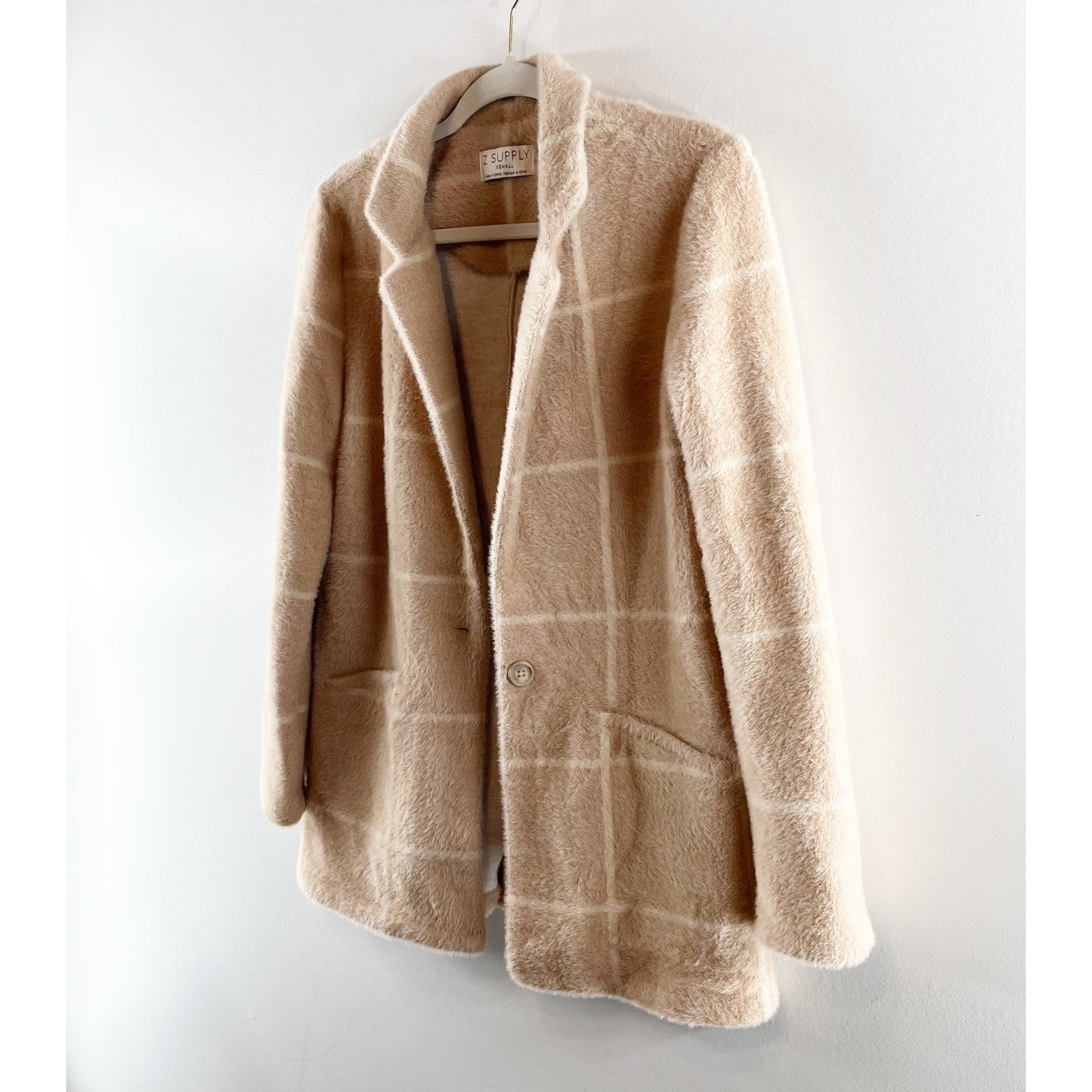 Z Supply Plaid Windowpane Anna Eyelash Blazer Jacket Camel Tan XS