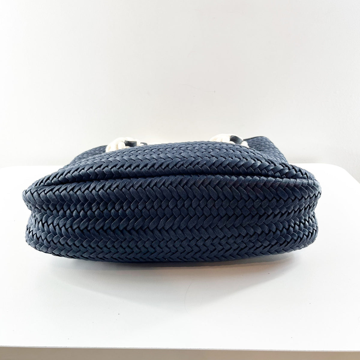 Talbots Nautical Woven Rope Handle Tote Bag Purse Navy Blue
